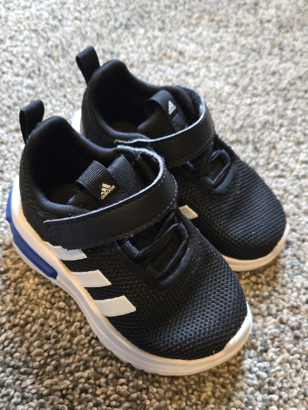 adidas Kids Black Sneakers with White Stripes and Blue Accent